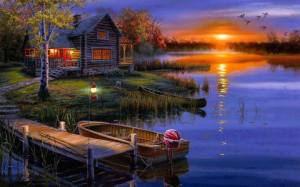 cabin and boat dock sunset