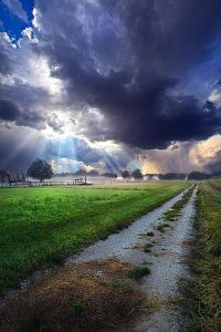 horizon sun rays clouds pathway